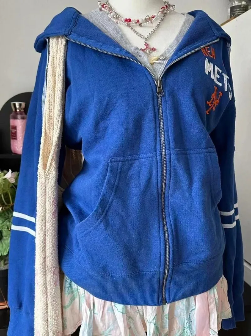 Americano gótico retro azul cardigan jaqueta feminina roupas esportivas tendência casal fino ajuste y2k design superior sentido outono inverno