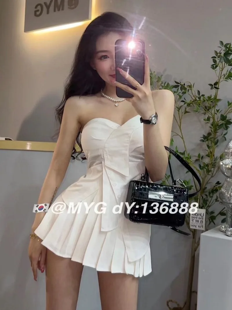 

Shpmishal Summer New Design Sensation Spicy Girl Bra Short Top+Fashion High Waist Pleated Skirt Set of Two Female Clothing