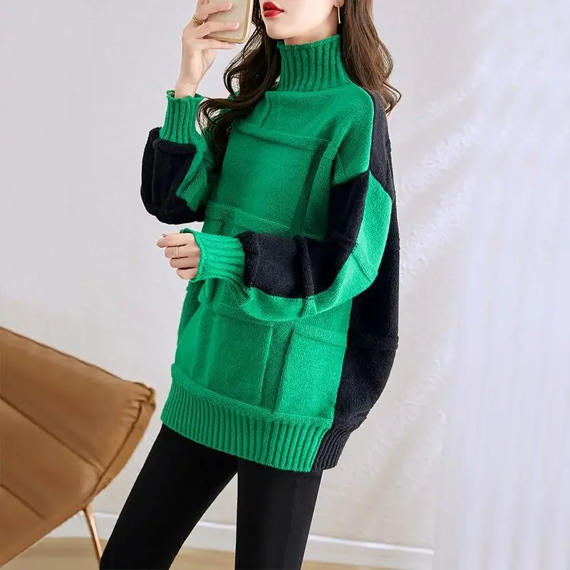 

Korean Contrasting Color Sweaters Autumn Winter Turtleneck Casual Loose Female Clothing Stylish Asymmetrical Knitted Jumpers N08