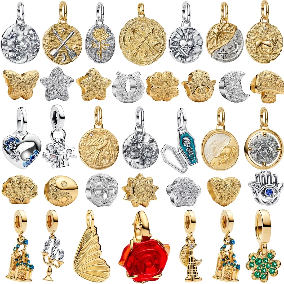 

New 925 Sterling Silver Golden Round Charms Horse Lion Castle Beads Earrings Rings Bracelets Necklaces Womens DIY Jewelry Gift