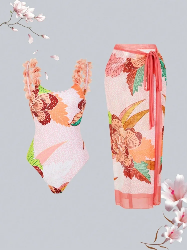 

One Piece Swimsuit Women 2025 New Flowers Sling Sexy Bodysuit Swimwear Monokini Summer Garnish Skirt Beach Bathing Suit Female