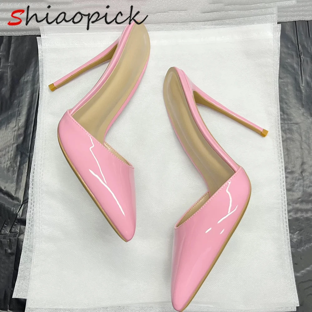 

Розовые повседневные женские тапочки с открытой пяткой, элегантные сандалии на шпильке, платье на высоком каблуке с острым носком, глянцевые лакированные свадебные туфли 10/12 см
