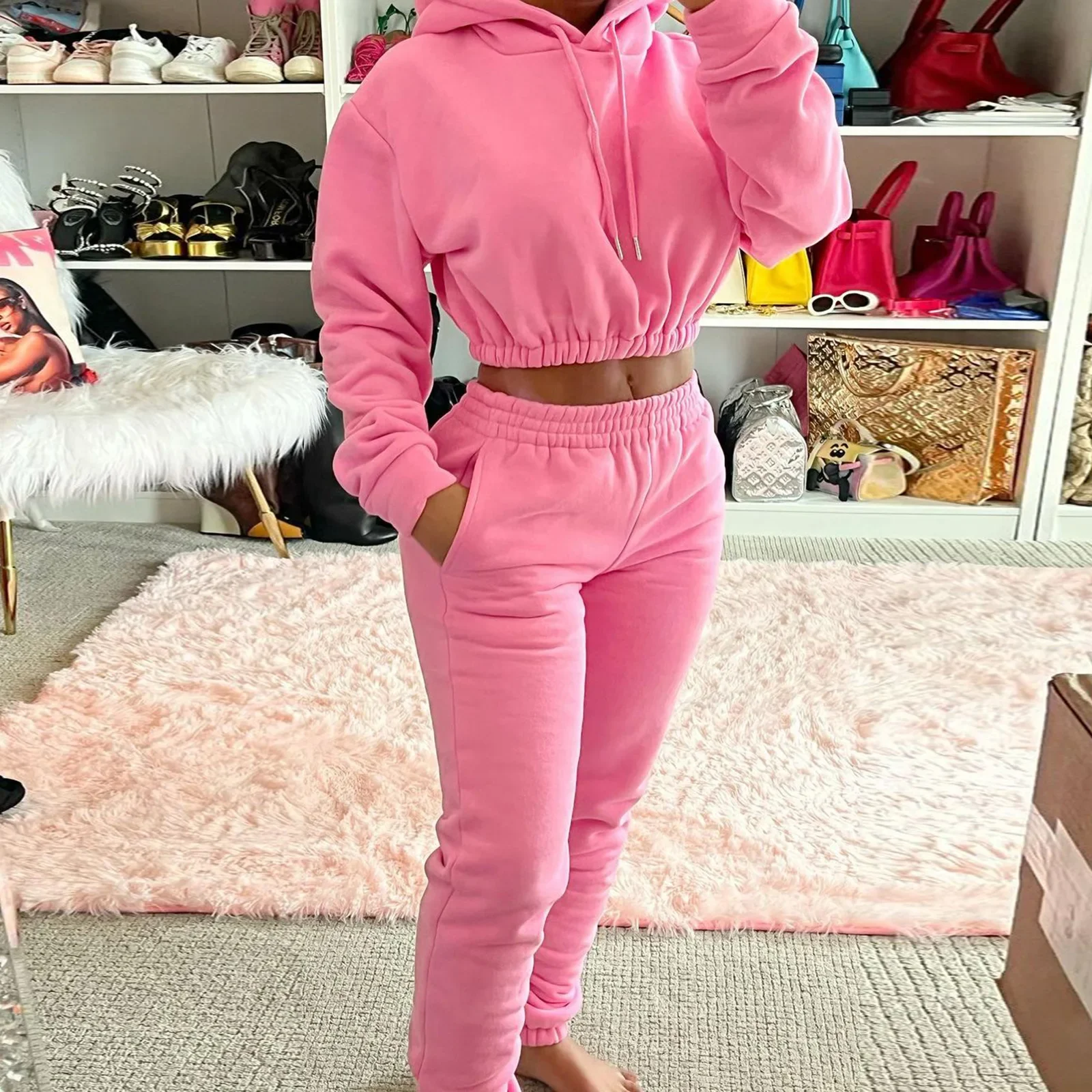 

Winter Women's Hood Tracksuit Sweatsuit Set Solid Color Nude Velvet Joggers Pullover Hoodies And Sweat Pant Two Piece Sets