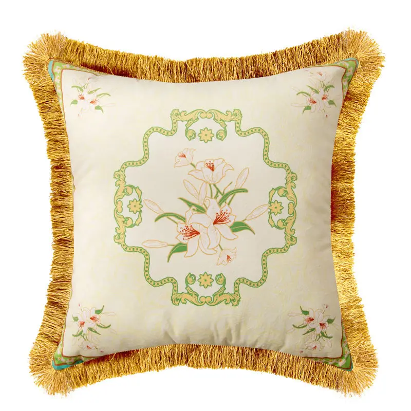 Green Countryside Cushion Cover Double Sided Flowers Print Velvet Tassel Pillowcase For Sofa Living Room