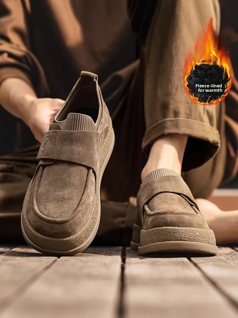 

Warm Fleece Lined Wide Fit Men's Bean Shoes Thick Bottom Casual Sneakers Magic Tape Slip-On Winter Boots for Men