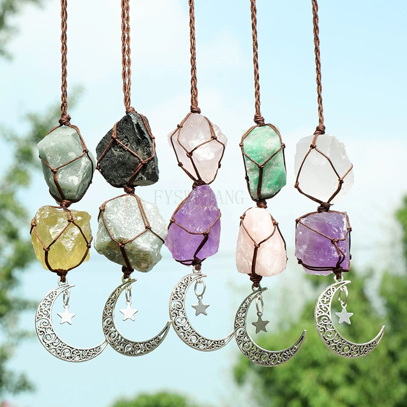 5pcs Natural Crystal Pendants Crystal Raw Stone Car Pendants Star And Moon Pendants Handmade Colored Raw Stone Woven Pendants