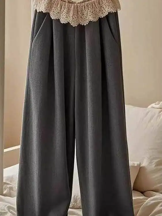 High Waist Casual Pants Women's Lace Trim Splicing Loose Straight Leg Pants Summer 2026 Fashion Elements Pockets Straight Leg
