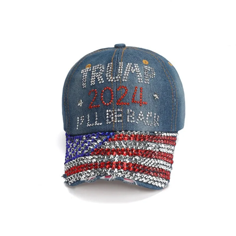 American Flag Cowboy Diamond Encrusted 2024 Election Campaign Duck Tongue Hat Shade Sun Cap Outdoor Sun Cap Street Rebound Cap