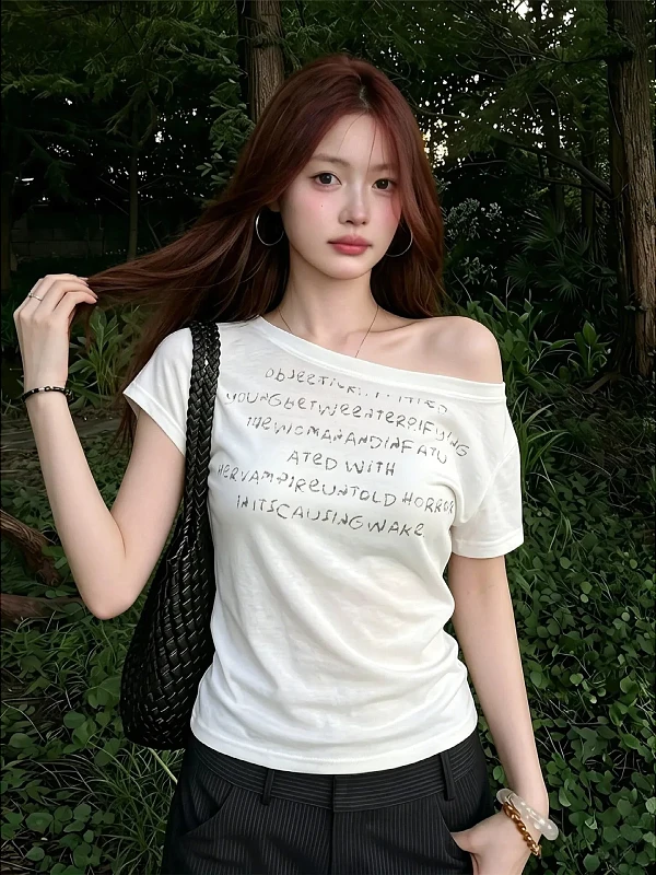 plus Size Hot Girl Style White Shoulder Printed Short Sleeve T-Shirt Women's Slimming Meat Covering Summer Top Korean Version...