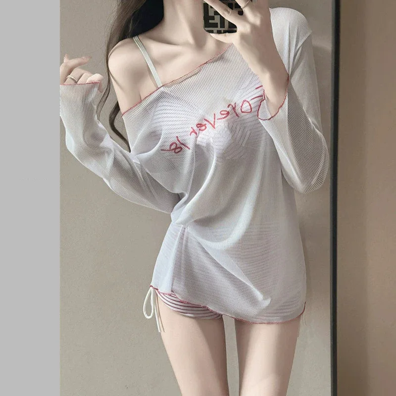 

Women Summer Striped Bikini Long Sleeve Sun Protection Cover Up Small Chest Gathered Swimsuit Beach Vacation Pool Bathing Suit