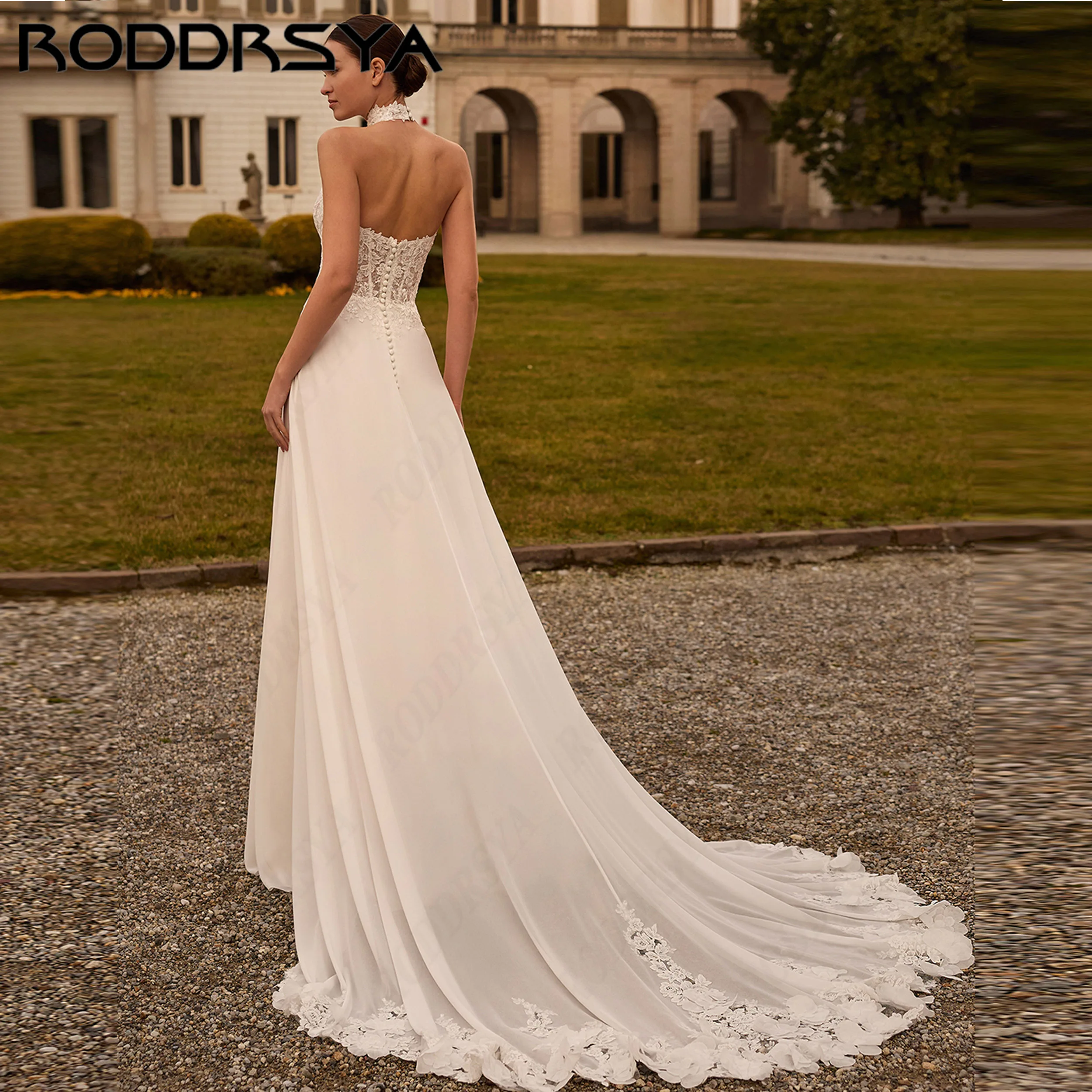 RODDRSYA Customized A-line Chiffon Wedding Dress Classic Lace Appliques Bridal Dresses Halter Court Train Robe De Mariee