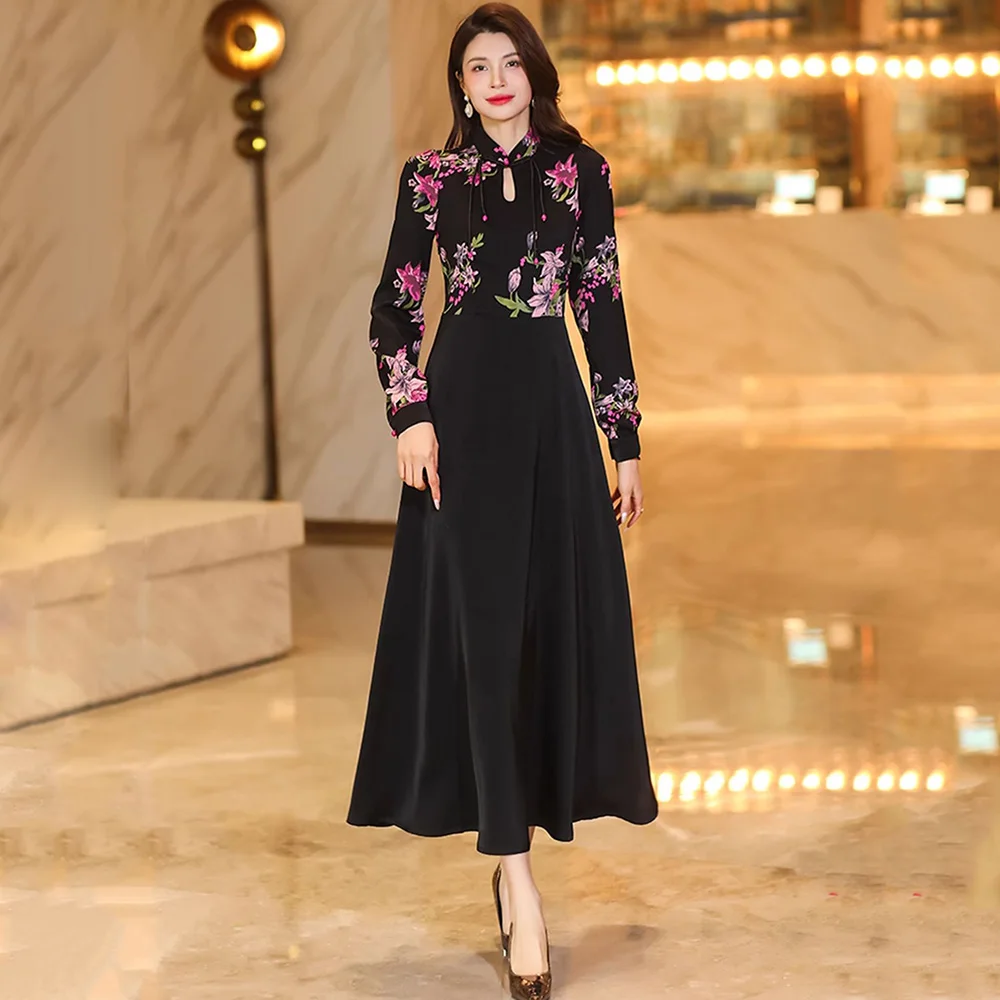 

New Women Spring Autumn Print Long Dress Fashion Elegant Chinese Style Stand Collar Long Sleeve Patchwork Floral Dress Mid-Calf