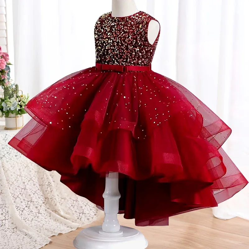 Girls\' lace bow dress 4-12 years old temperament flower sequin trailing princess dress 2023 new carnival party formal dress