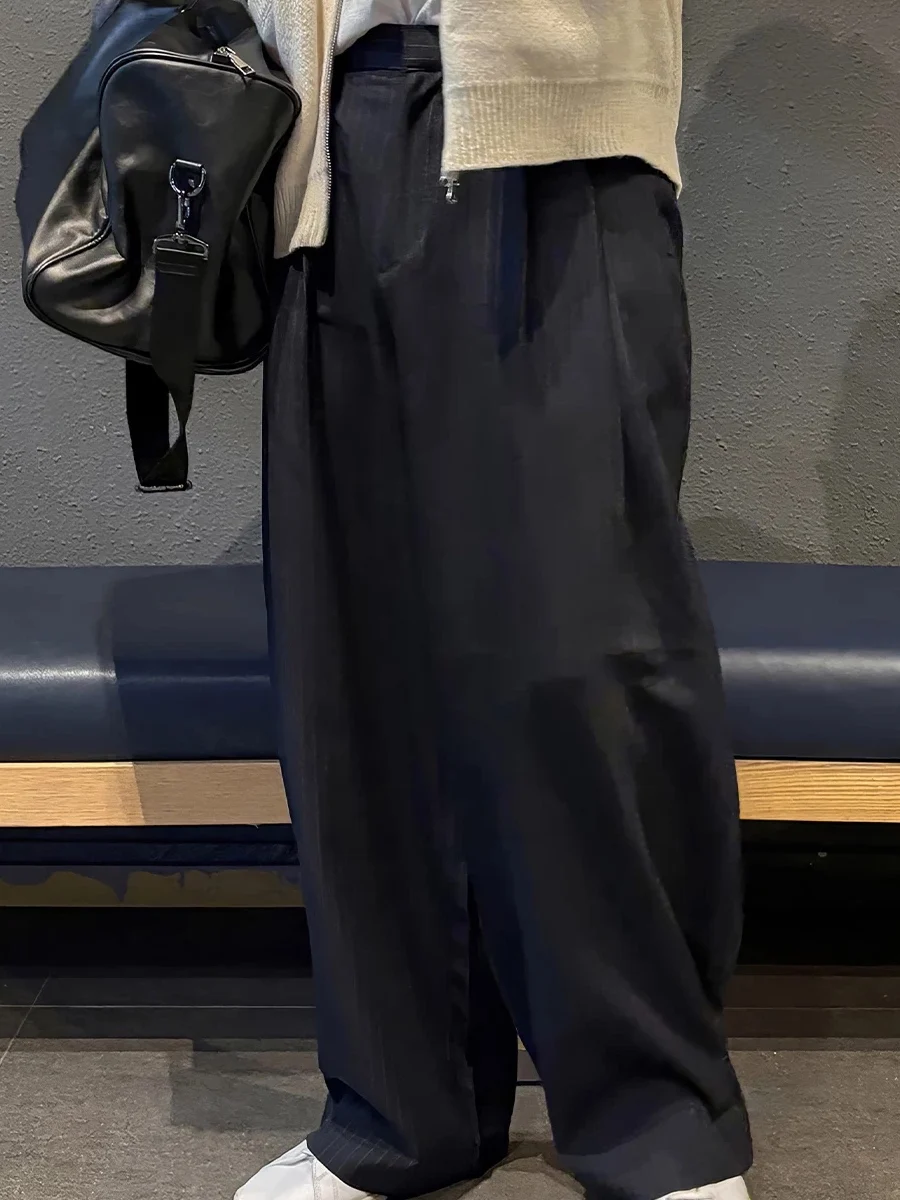 Retro Striped Men's Casual Pants Loose Wide Leg Pleated Long Trousers Non-ironing Comfortable Leisure Workwear Suit Trousers