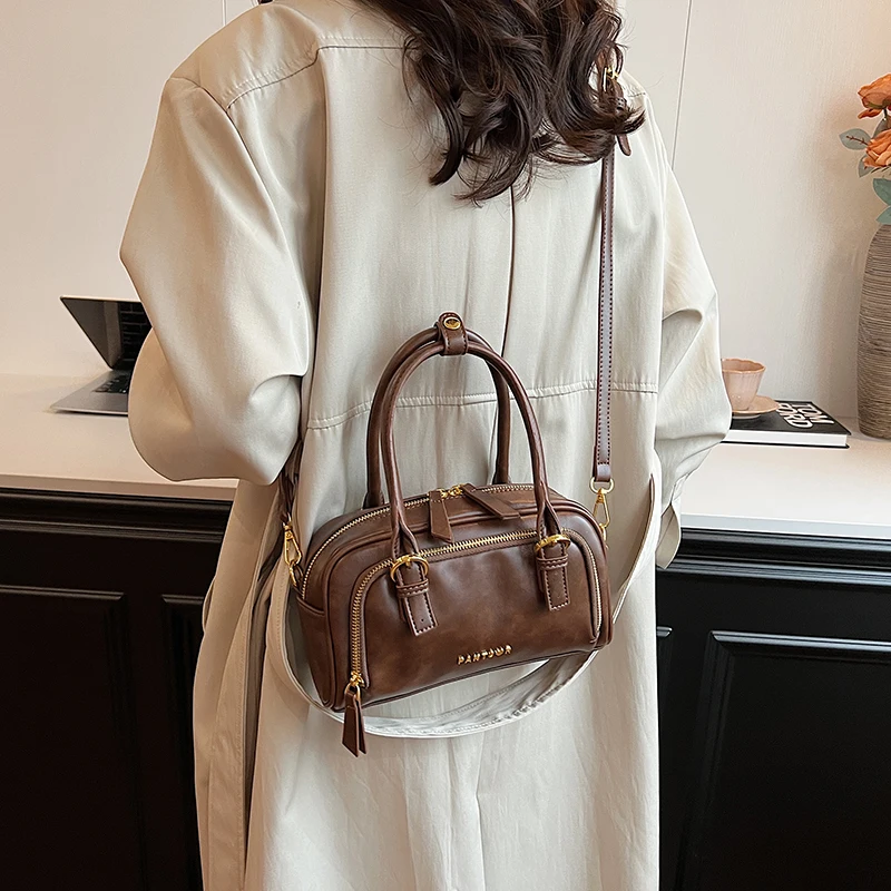 Women Fashion Boston Bag Solid Color Armpit Bowling Bag Brand Design Vintage Purses and Handbag PU Leather Shoulder Bag