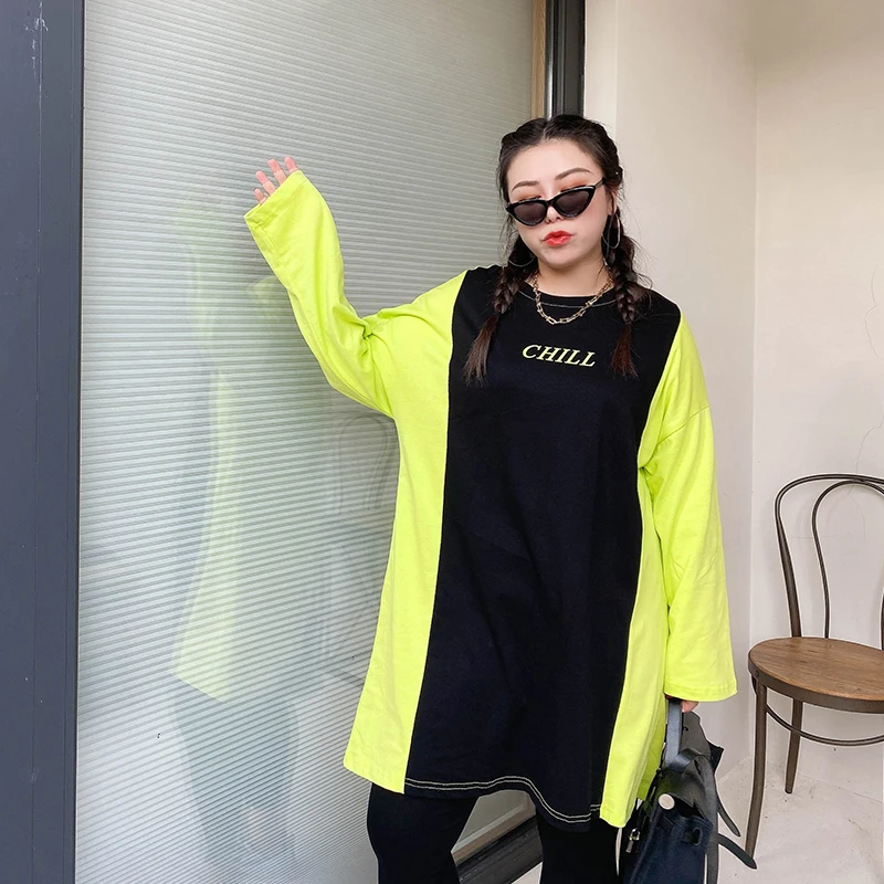 

Женская свободная юбка миди больших размеров с цветным принтом, корейский стиль, длинный рукав, круглый вырез, облегающая, для стройности