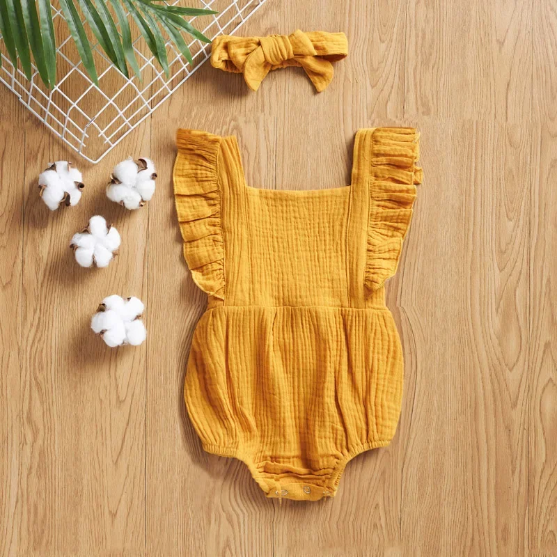 Summer Newborn Infant Baby Girls Romper + Headband Muslin Sleeveless Baby Rompers Jumpsuits Overalls Fashion Baby Clothing