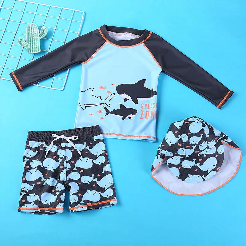 1-12Years Children Long Sleeves Short Sleeves Split Bathing Suit Baby Boys Girls Cartoon Swimsuits+Shorts+Cap Three-piece Set