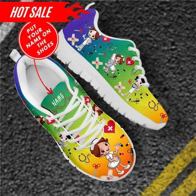 

Colorful Cartoon Nurse Sneakers Women's Shoes Custom Name Doctor Print Mesh Pride Flat Shoes for Laides Dropshipping