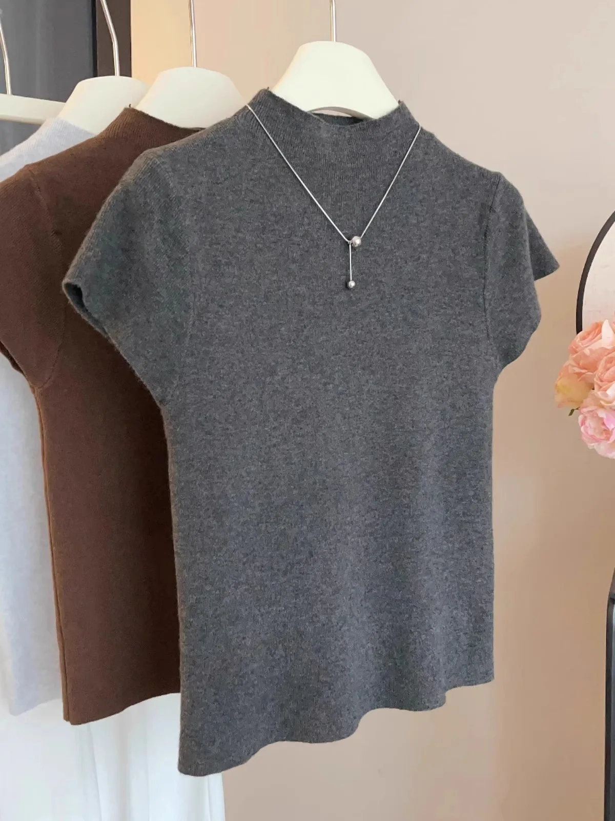 

Korean Sle Slim Fit ort Sve Knitted Top Women's Summer New High Ne Base irt Boting Clothes Commute Faion