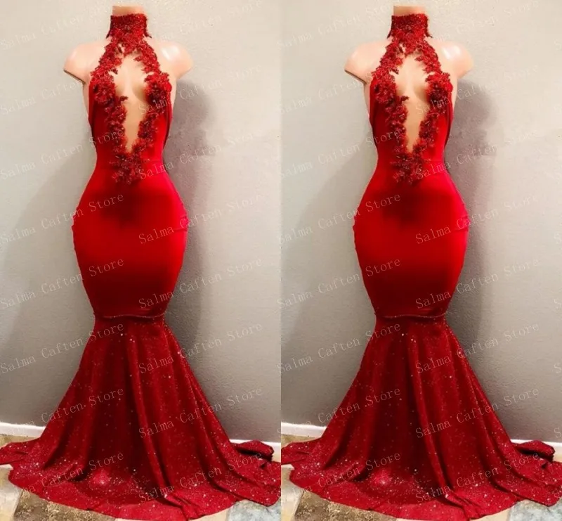 Vestido de noche con lentejuelas y cuello Halter para mujer, vestido de sirena de satén, Bodycon, brillante, hecho a medida, rojo, pasión, envío gratis