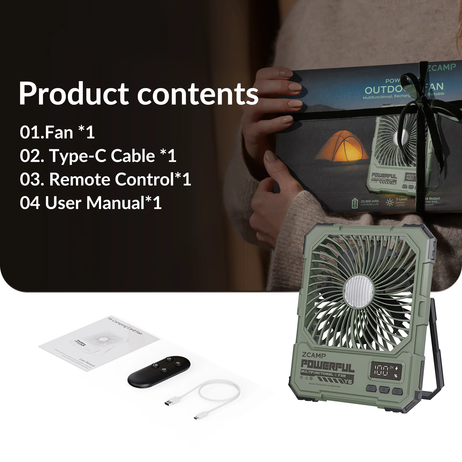 3-in-1 Camping Fan with Light & Remote, 20000mAh Battery Fan, 1-100 Stepless Speed LED Display, Stand/Hang Use,for Tent Travel Jobsite Outdoor, Green