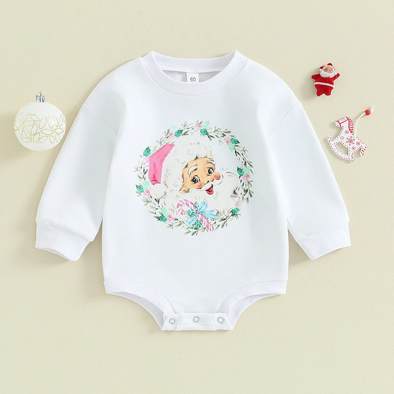 Baby Girl Casual Long Sleeve Sweatshirt Rompers Christmas Santa Claus Print Round Neck Bodysuit Infant Loose Fit Jumpsuits