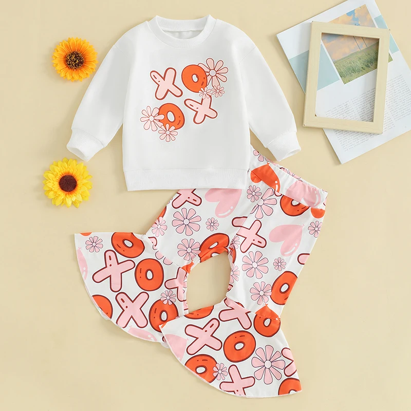 Toddler Girls Autumn Pants Sets White Long Sleeve Crewneck Sweatshirt Floral Donut Print Flared Pants Sets