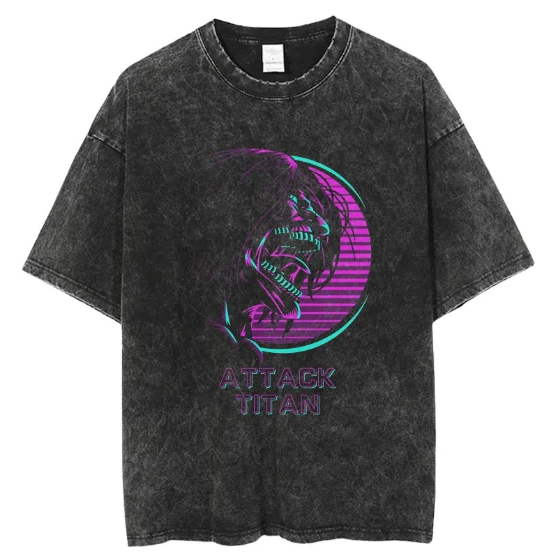 

Attack on The Giant Anime Joint Official T-shirt Washed Old Retro Pure Cotton Fashion High Street Trend Unisex Y2K Harajuku
