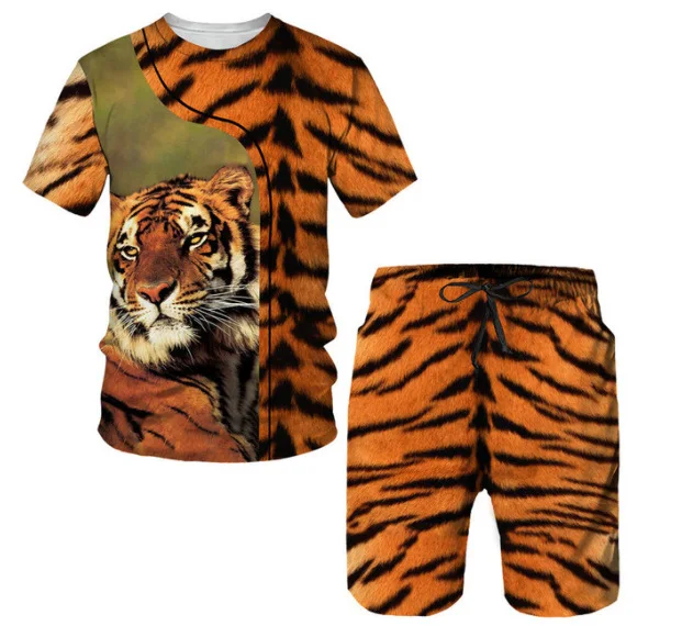 New Summer Men\'s Sets Shorts Outfits 3D Tiger Printed Short Sleeve T-shirt Two Pieces Casual Tracksuit Oversized Beach Sportwear