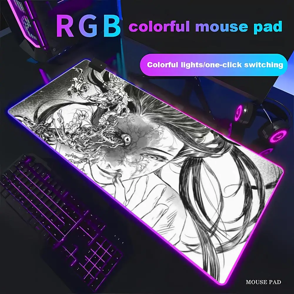 HYBXAXC Dark Grayscale Anime Girl Sketch Mouse Pad Animation Games Beautiful RGB Large LED Light PC Computer pad Non-slip Decor