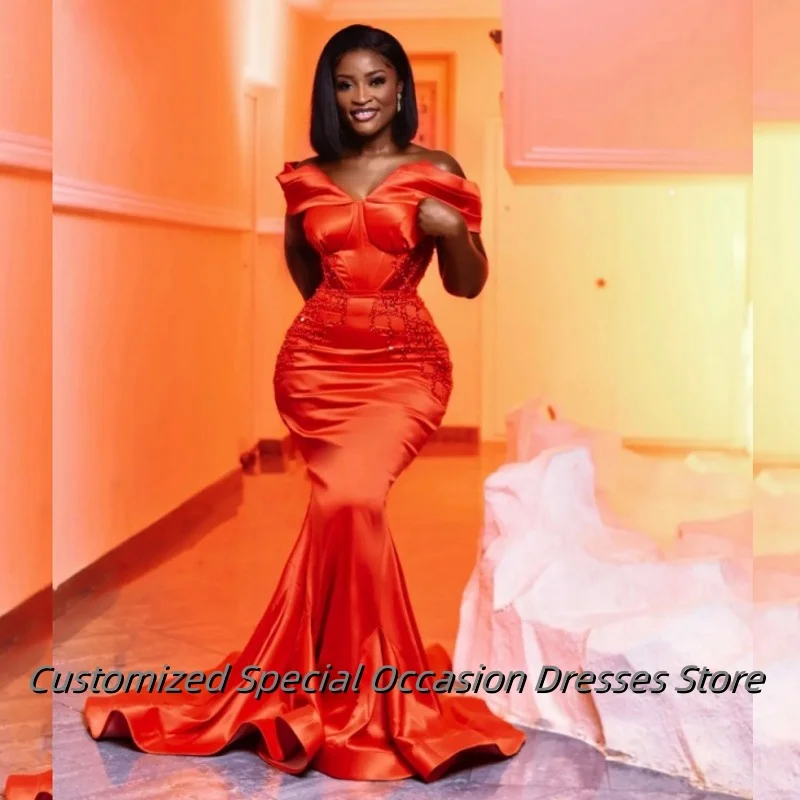 

Orange Satin Off The Shoulder Evening Dress Long Mermaid Wedding Party Dresses For Women Delicate Beaded Prom Gowns Customized