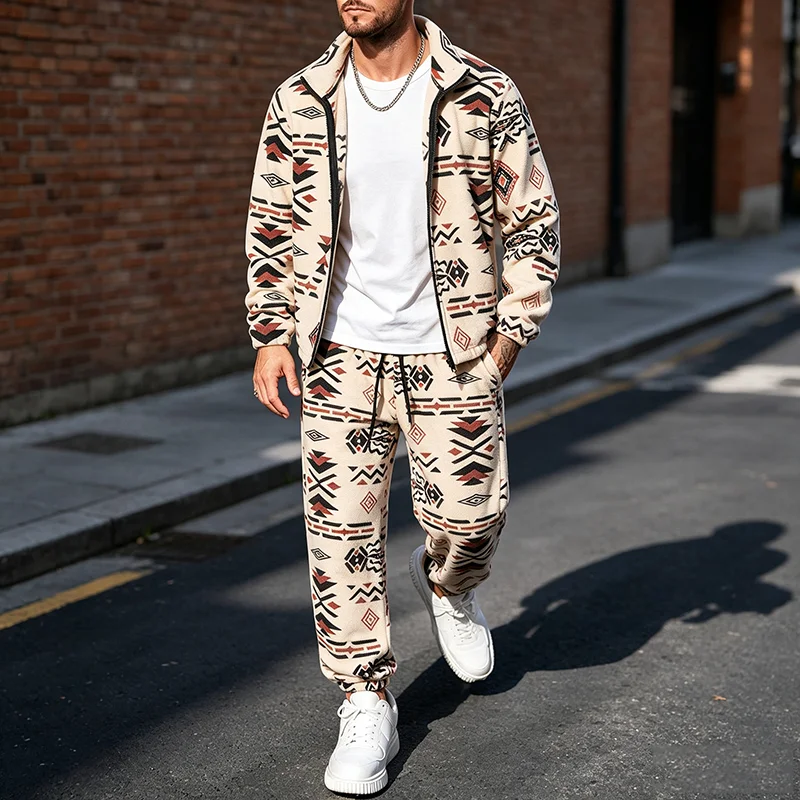 Vintage Long Sleeve Tops And Pants Two Piece Suits Autumn Pattern Zip Up Stand Collar Sets Daily Casual Mens Loose Outfits Men