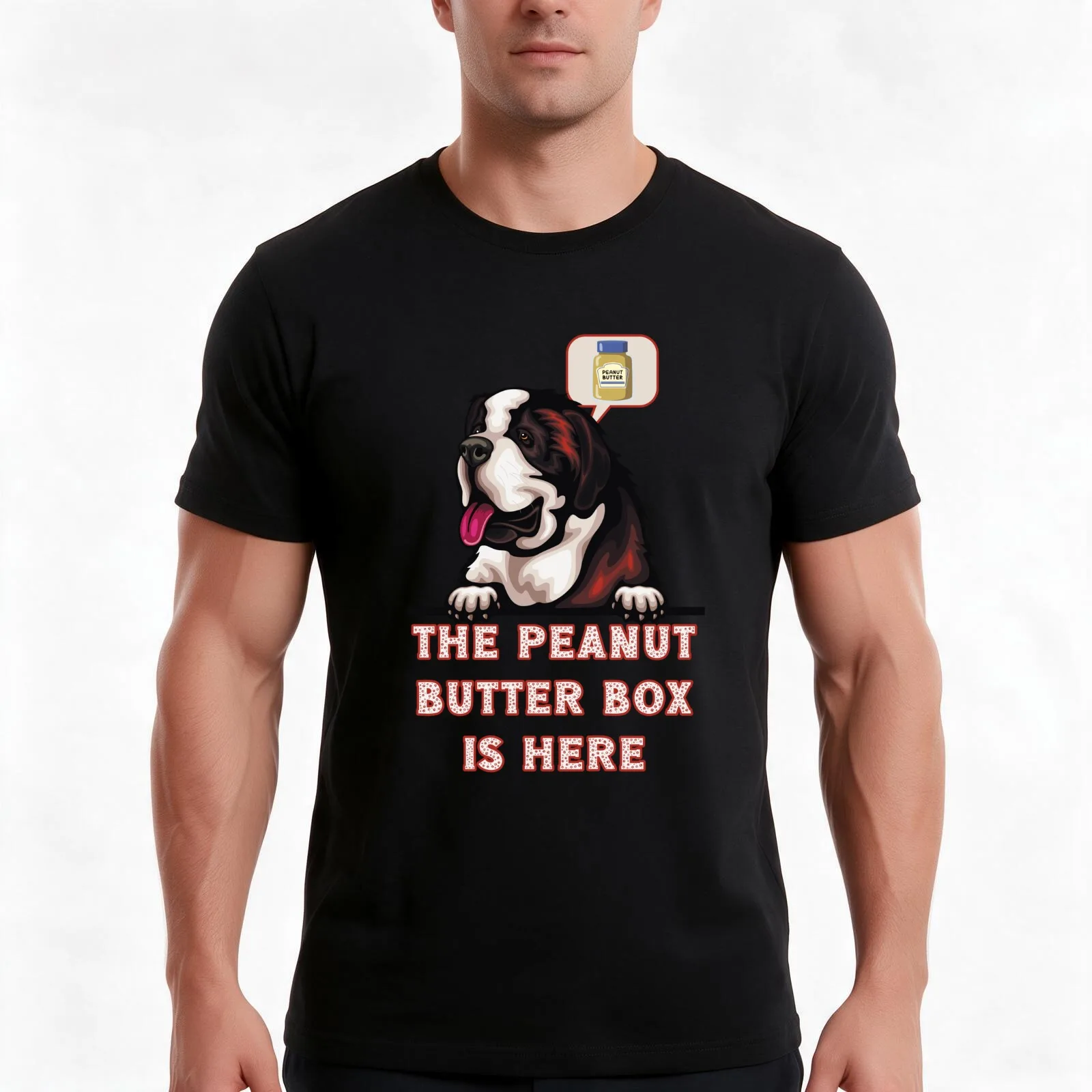The Peanut Butter Box Is Here: Funny St. Bernard Dog Commercial Humor T-Shirt Summer Casual Cotton Tee Vintage Graphic Print