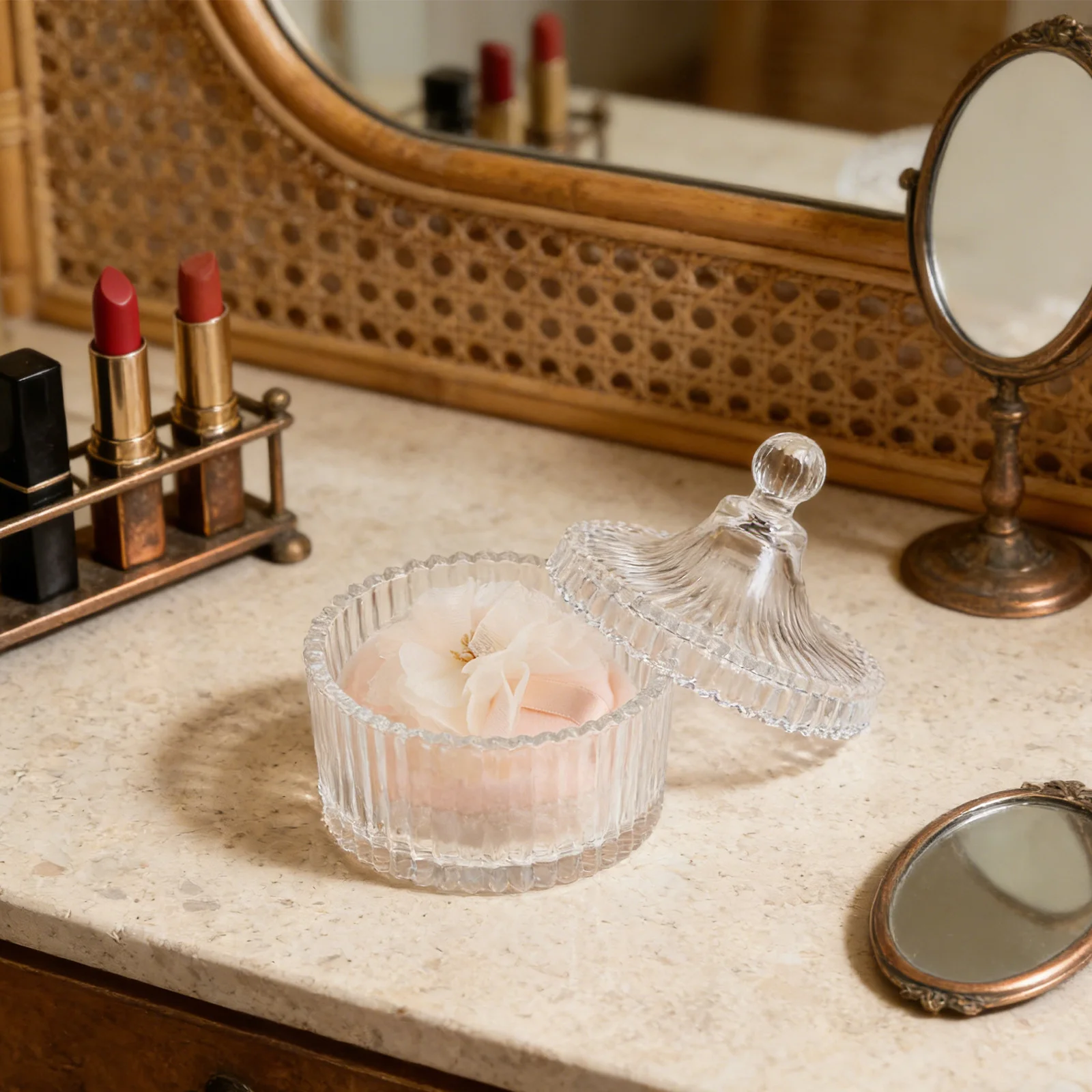 유리 케이스가 있는 파우더 퍼프, 루즈 파우더 및 세팅 파우더용 양면 원형 메이크업 어플리케이터, 부드러운 벨루어 페이스 바디 뷰티