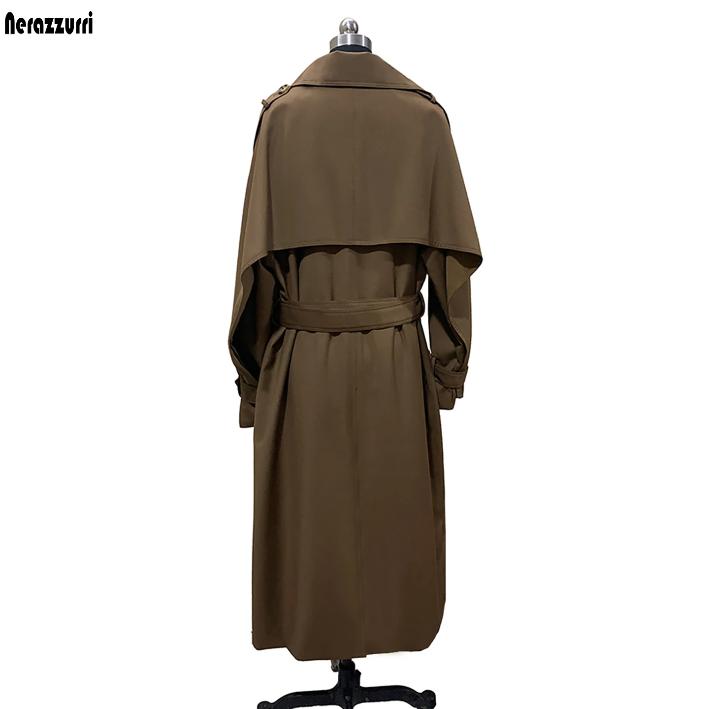 Nerazzurri Autumn Long Khaki Trench Coat for Women Belt Double Breasted Elegant Loose Luxury Modest Designer Clothes Overcoat