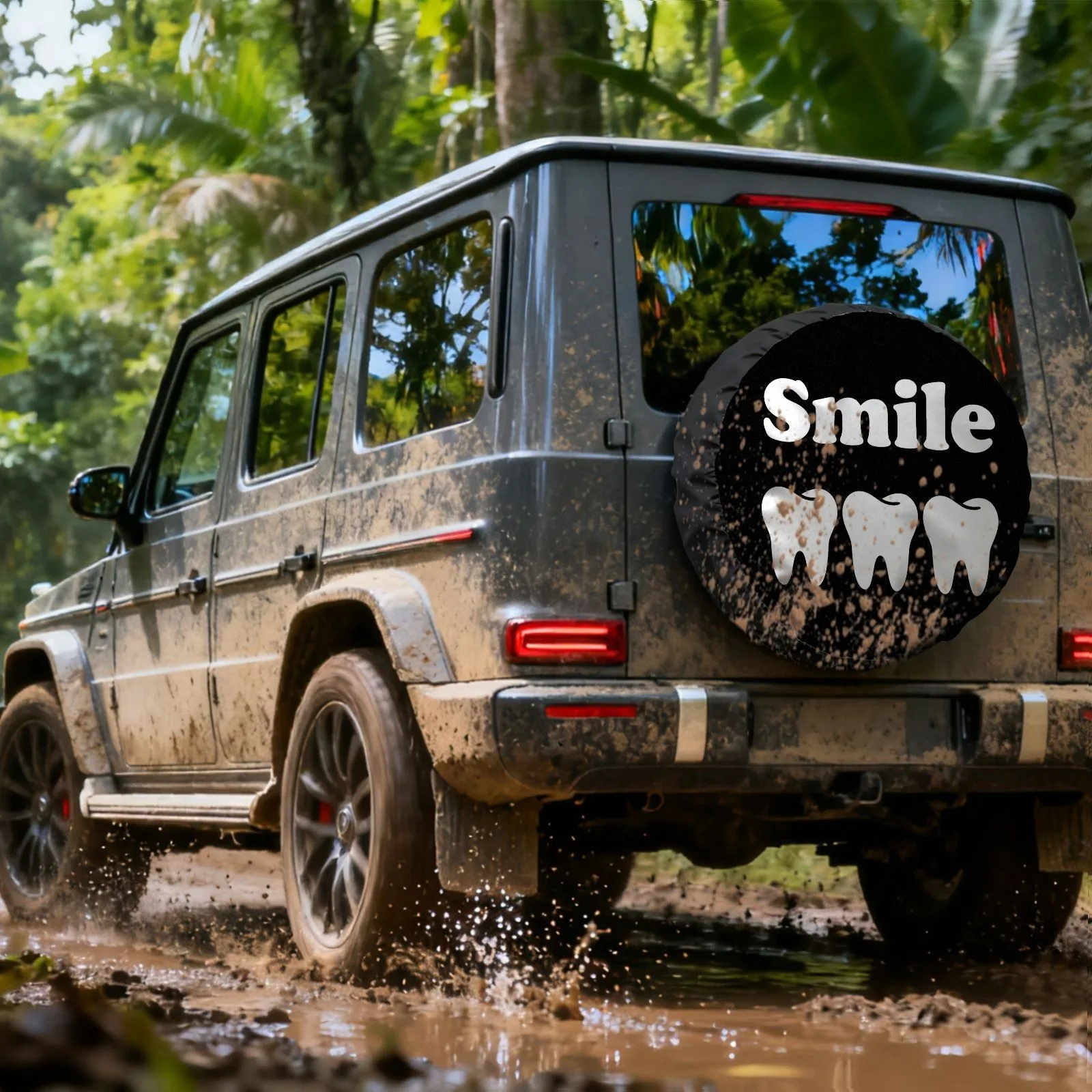 Smiling Teeth Pattern Tire Cover Durable Polyester Outdoor Spare Wheel Protector for SUV Truck