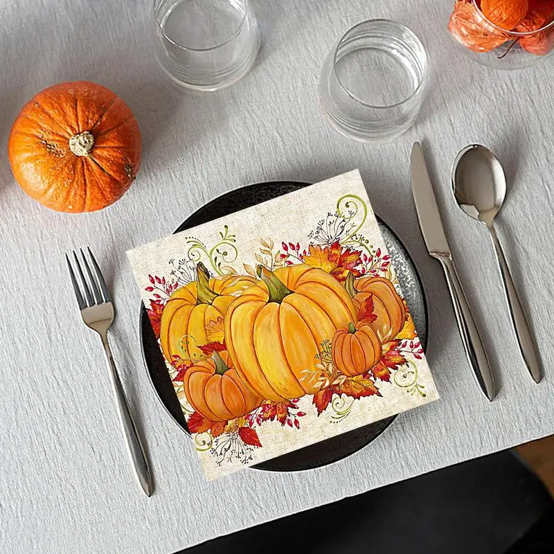 Halloween Pumpkin Napkins Halloween Beverage Dinner Paper Party Napkins Pumpkin Hand Towels Soft & Highly Absorbent Orange