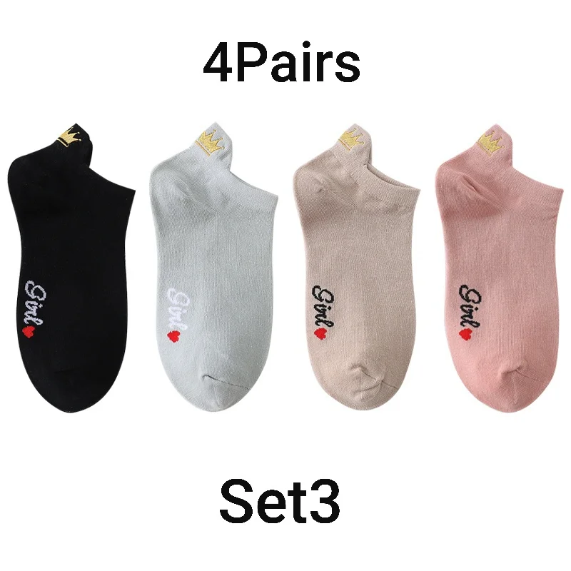 8pcs=4pairs Gift Pattern Funny Cute Embroidery Socks Women White Crown Kawaii Cotton Short Socks Candy Color Couple Set Gift