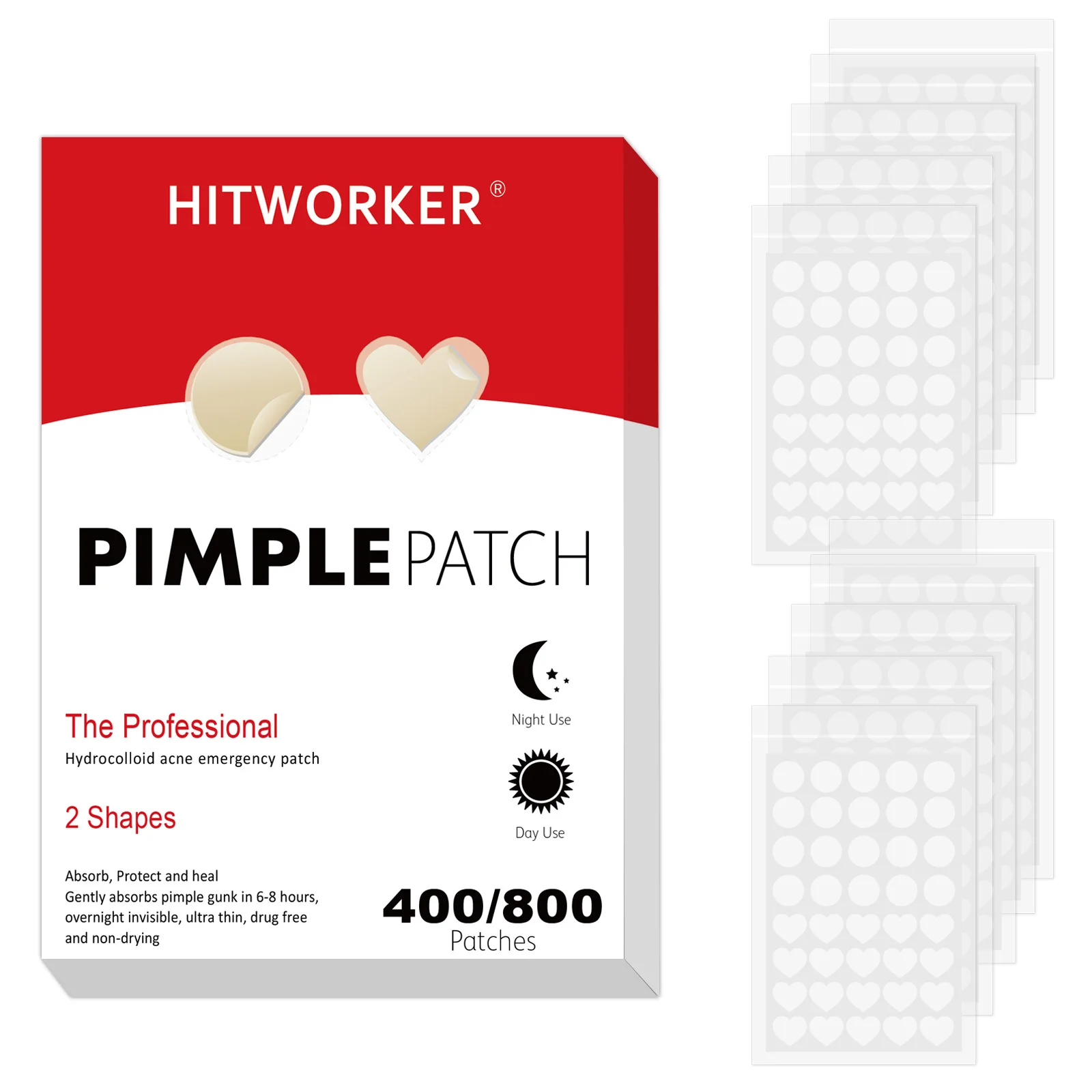 400/800pcs Clear Acne Patches Set - Round & Heart Shape Combo, Hydrocolloid Invisible Cover for Blemishes, Day & Night Use