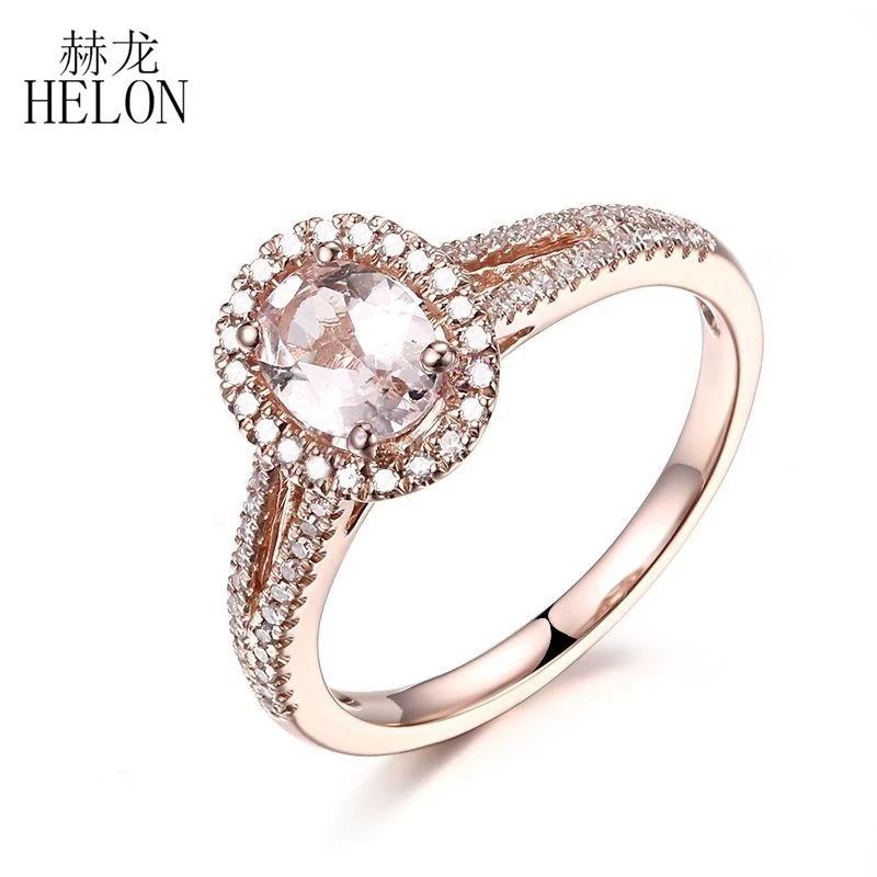 HELON Oval 5x7mm Natural Morganite Engagement Ring Solid 14K Rose Gold Real Diamonds Ring Women Birthday Anniversarry Best Gift