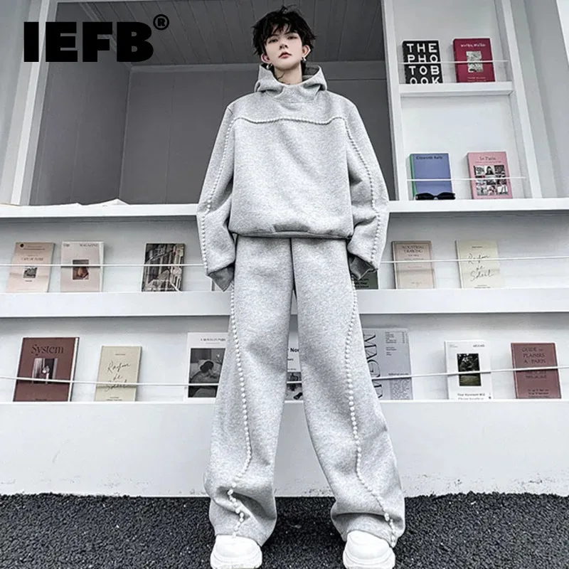 

IEFB Men's Suit Handmade Nail Bead Hooded Sweatshirt Solid Color Male Wide Leg Pants Chic Autumn Trousers Two-piece 2024 28W4522