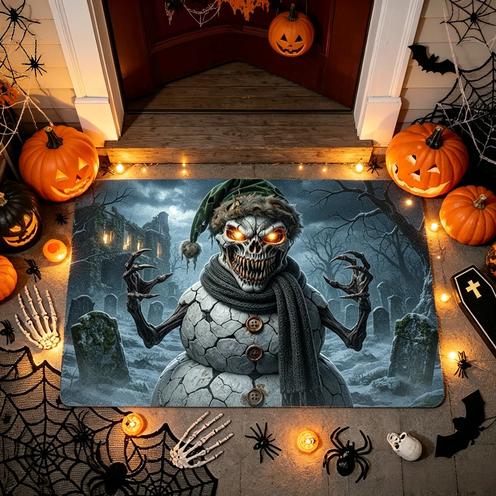 Spooky Skull Snowman Halloween Doormat Green Hat Scarf Graveyard Floor Rug Entrance Horror Holiday Home Ornament