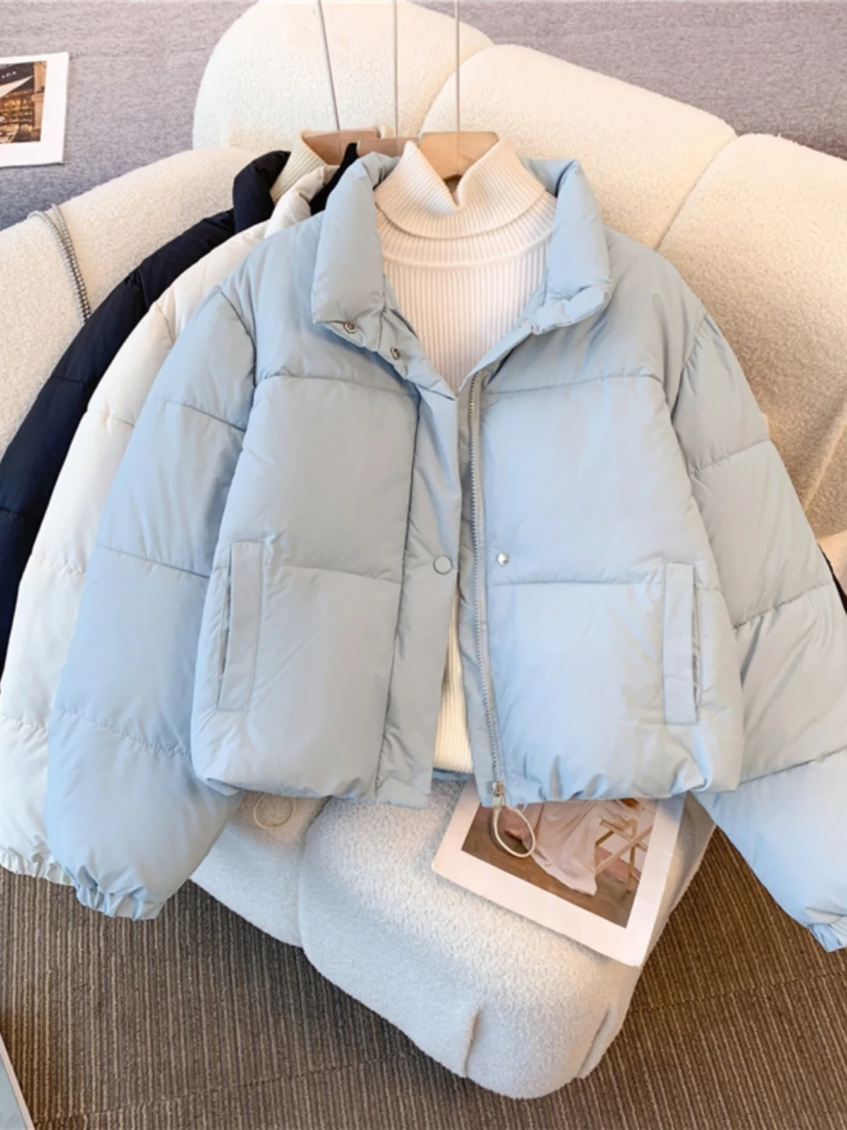 

Европейская куртка-пуховик, женская зимняя теплая куртка свободного кроя, воротник-стойка, хлопковая одежда на молнии