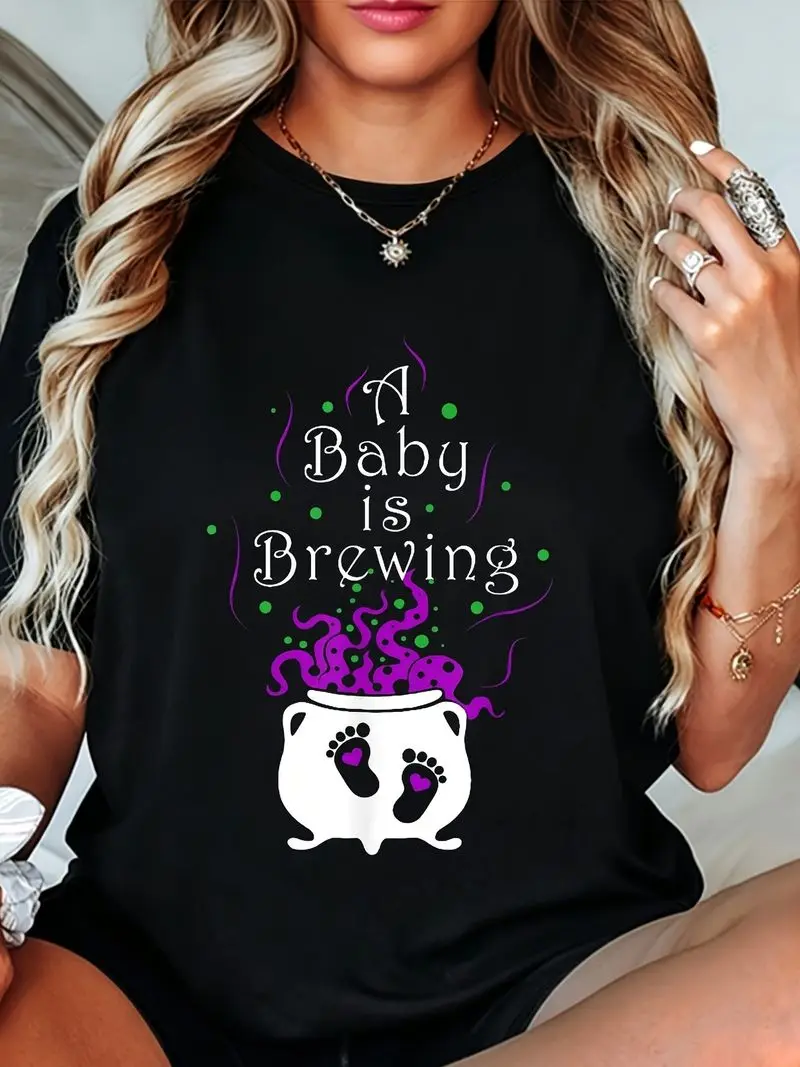A Is Brewing Halloween Maternity T-Shirt Retro Casual Crew Neck Printed T-Shirt For Women Pregnancy Fall Outfit Gift Cute Top