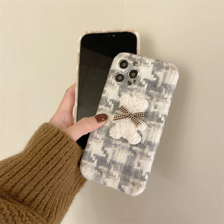 아이폰 16 15 14 13 Pro 12 11 Max Plus용 플러시 폰 케이스, 만화 곰 16Pro 폰 케이스, 체크 무늬 15Pro 커버, 귀여운 Xs 쉘
