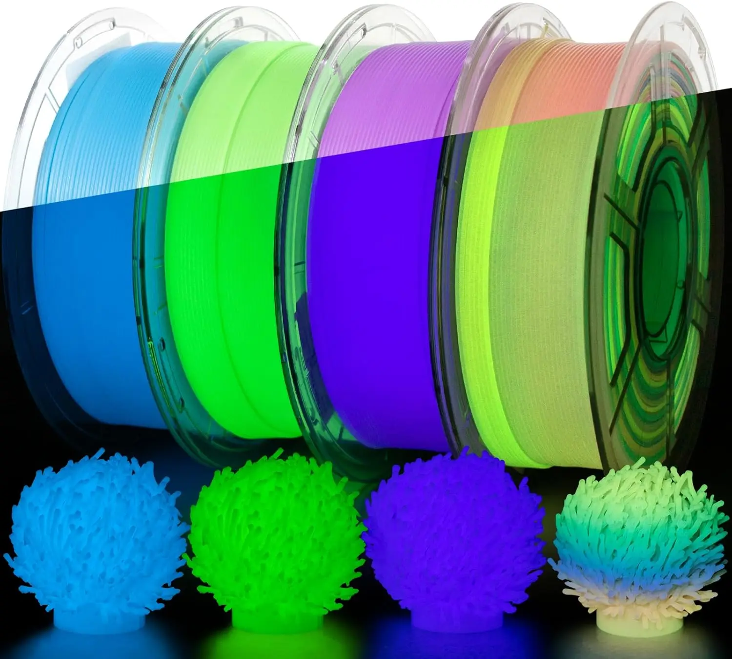 

Glow in The Dark PETG Filament 1.75mm 4KG Bundle, Multicolor Luminous 3D Printer Filament 4 Spools, Easy to Print, Accuracy +/-0.02mm