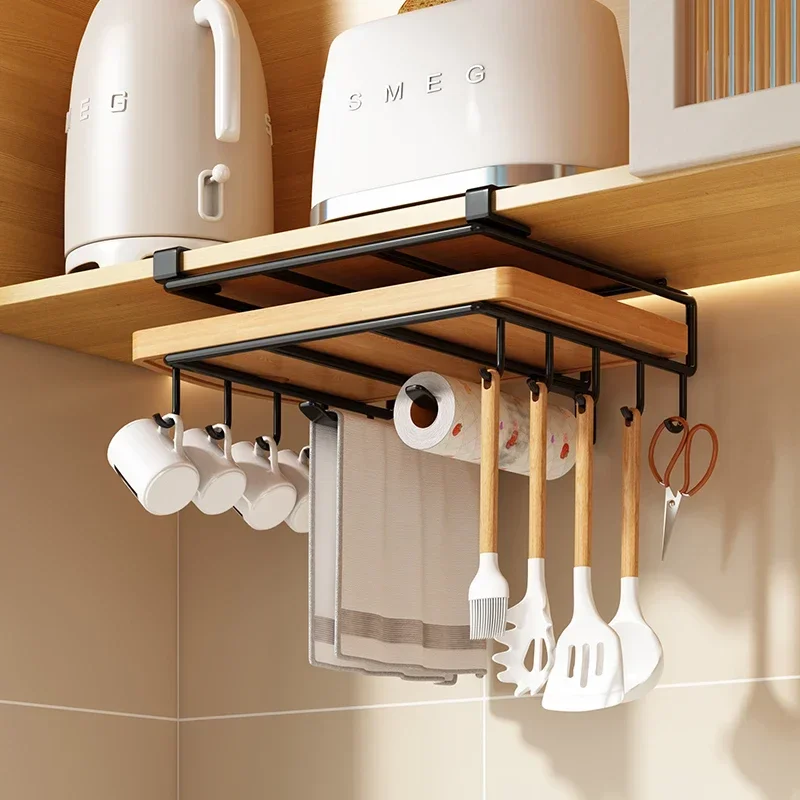 Kitchen Hanging Organizer Rack with Hooks Under Cupboard Paper Towel and Rags Hanger Cutting Board and Pot Cover Holder