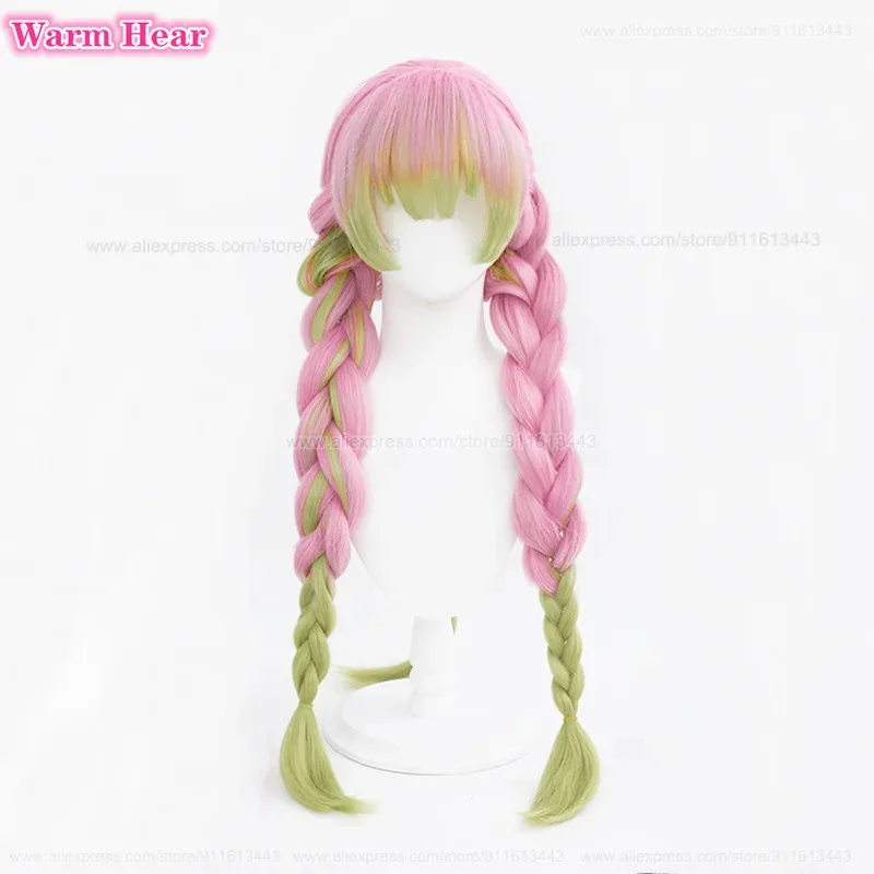 90cm Long Kanroji Mitsuri Cosplay Wig Green Pink Braids Cosplay Anime Wig Heat Resistant Hair Halloween Party Wigs + Wig Cap
