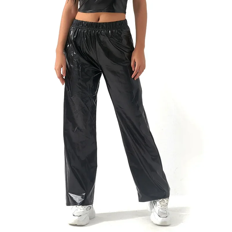 Metallic glanzende broek casual holografische streetwear elastische taille broek losse vrouwen dans legging reflecterende broek hiphop Y2K